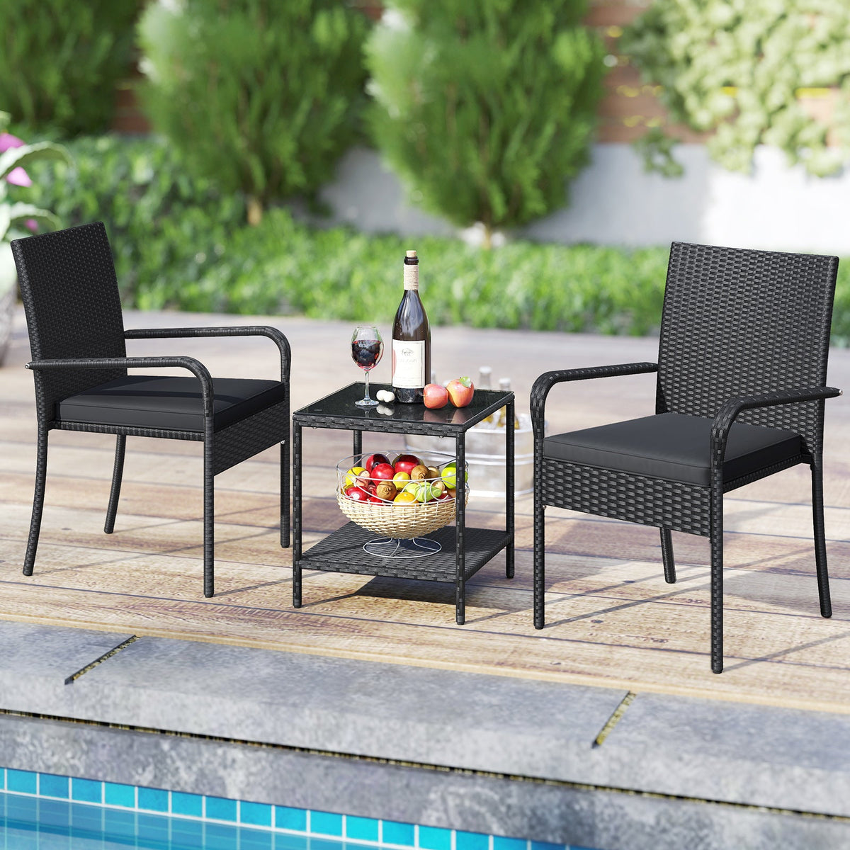 3 Piece Patio Furniture Set with Seat Cushions and Tempered Glass Tabletop