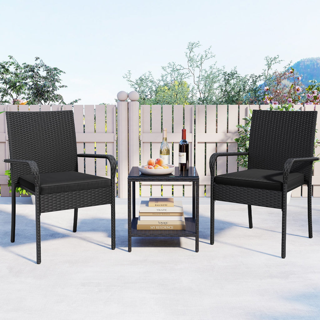 3 Piece Patio Furniture Set with Seat Cushions and Tempered Glass Tabletop