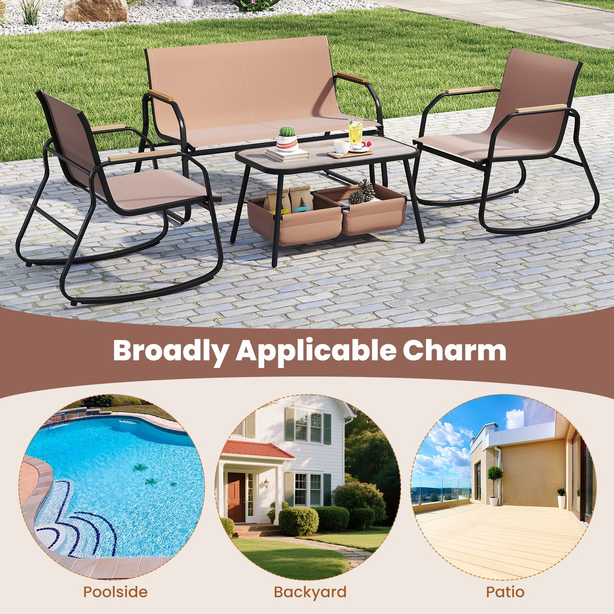 4 Pieces Patio Furniture Set with Rocking Bistro Chairs