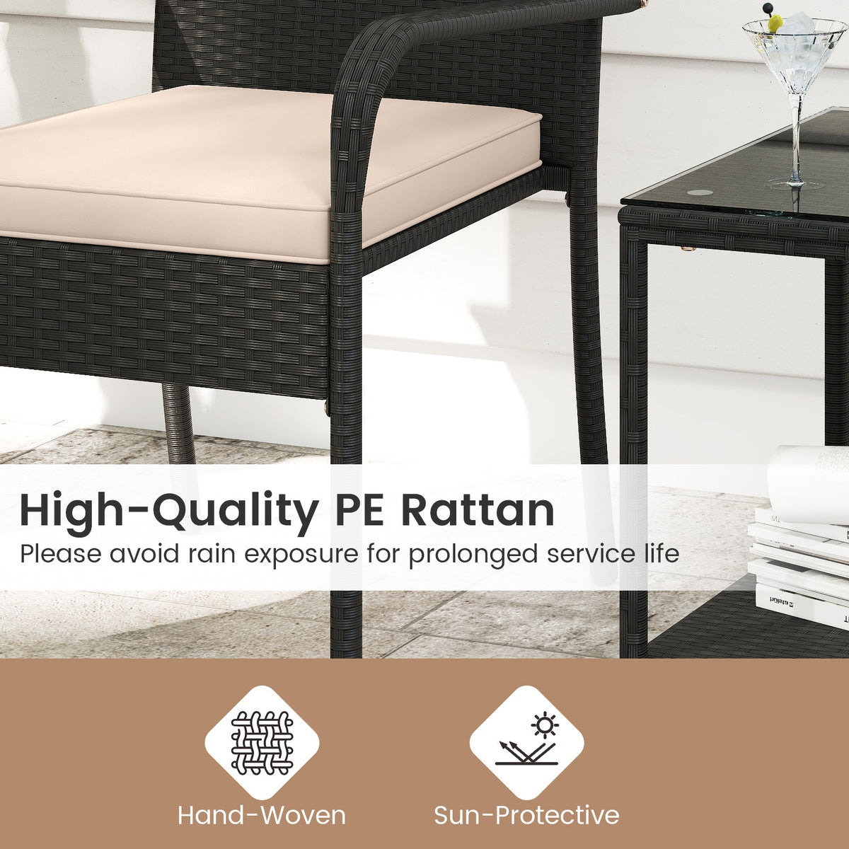 3 Piece Patio Furniture Set with Seat Cushions and Tempered Glass Tabletop