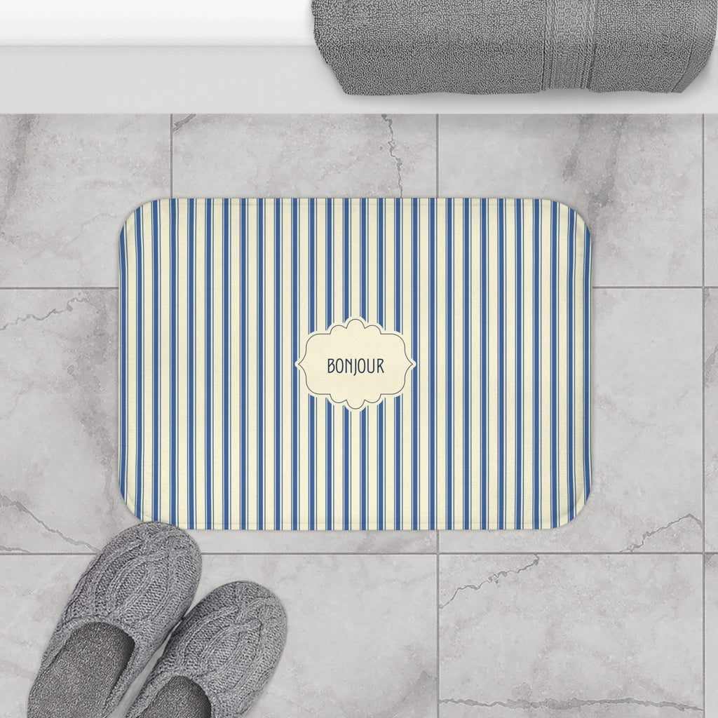 Bonjour FRENCH BLUE Stripe Bath Mat — Vintage French Bathroom Rug