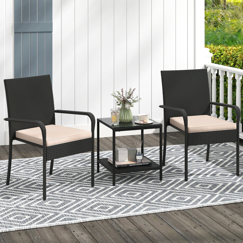 3 Piece Patio Furniture Set with Seat Cushions and Tempered Glass Tabletop