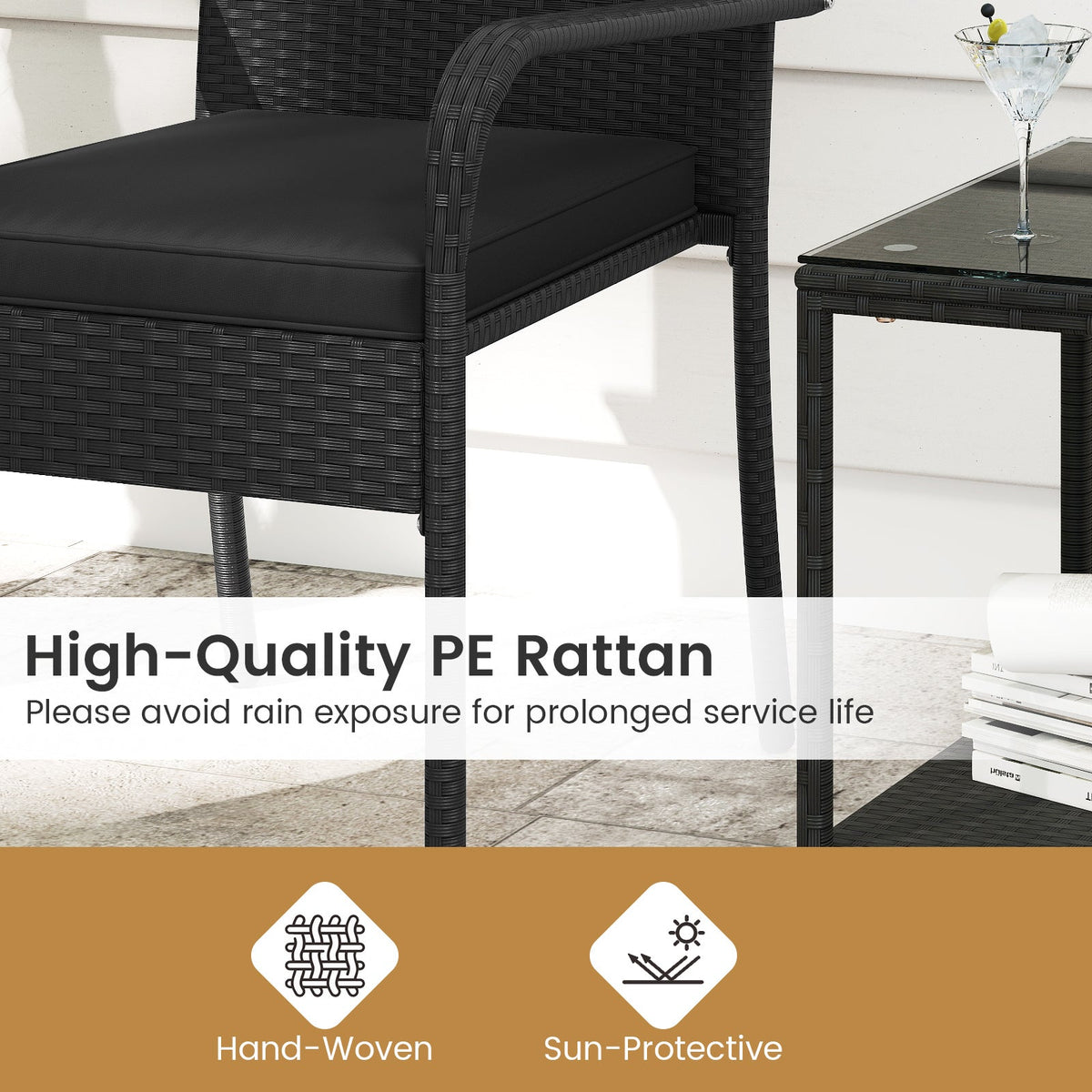 3 Piece Patio Furniture Set with Seat Cushions and Tempered Glass Tabletop