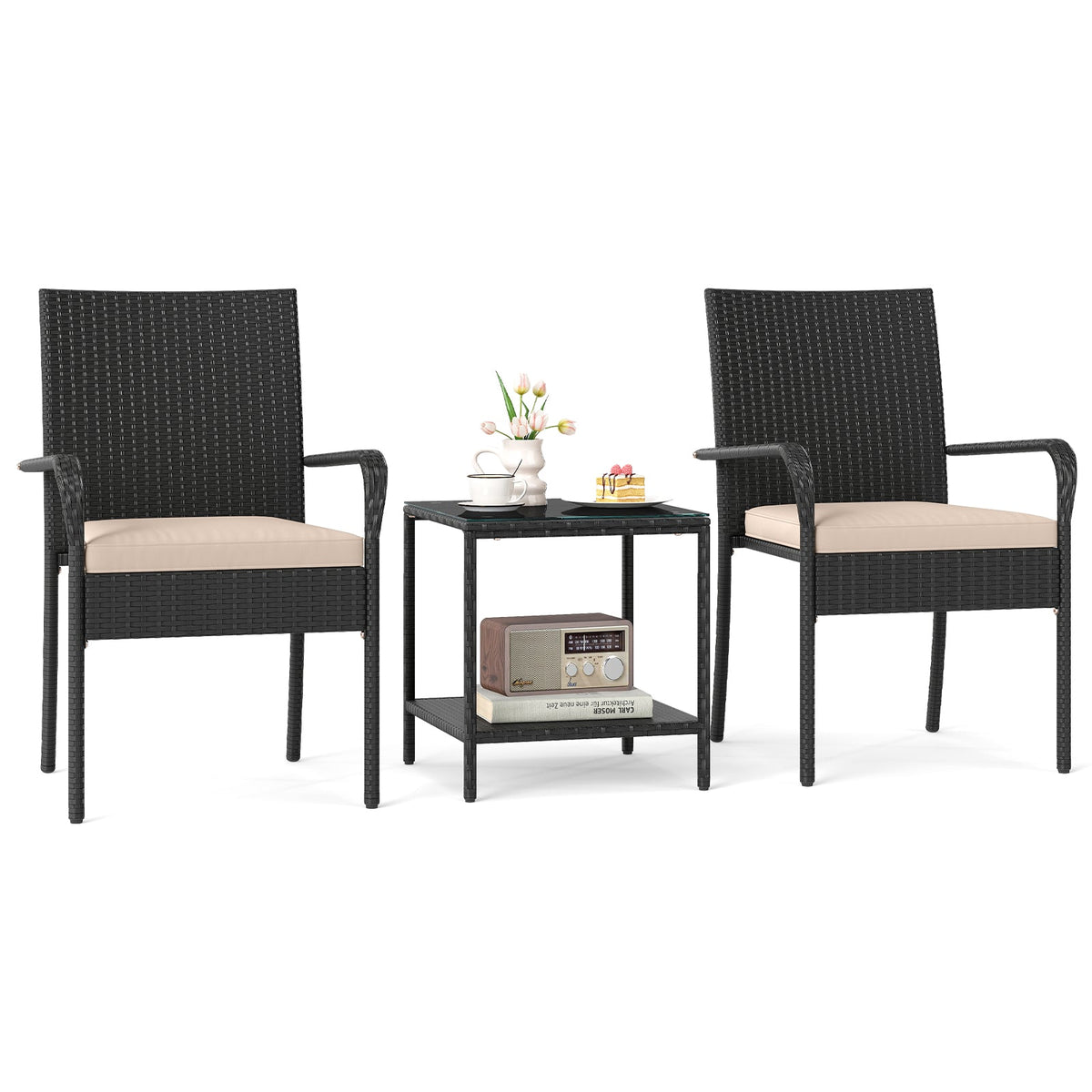 3 Piece Patio Furniture Set with Seat Cushions and Tempered Glass Tabletop