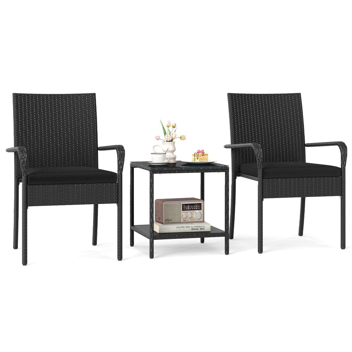 3 Piece Patio Furniture Set with Seat Cushions and Tempered Glass Tabletop