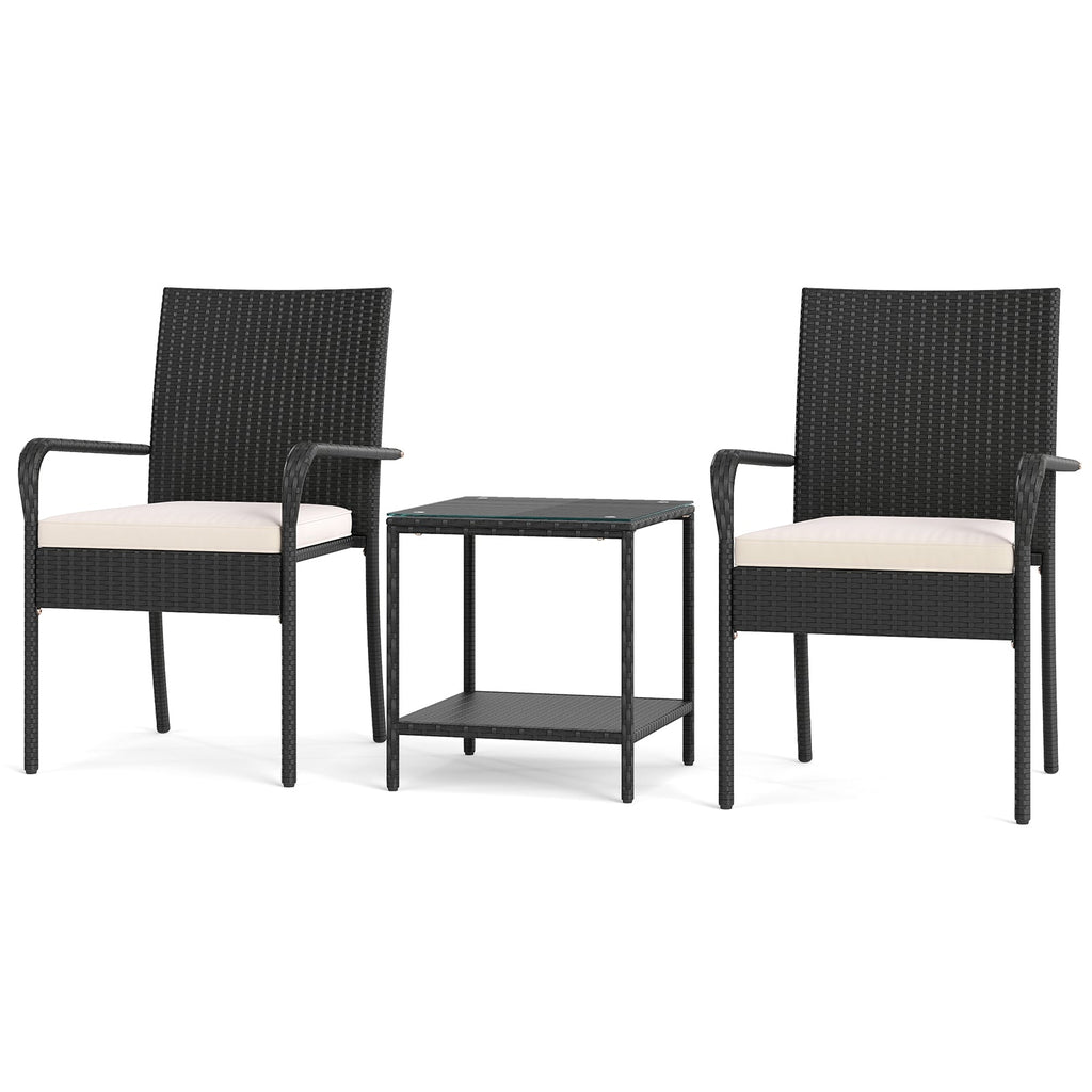 3 Piece Patio Furniture Set with Seat Cushions and Tempered Glass Tabletop