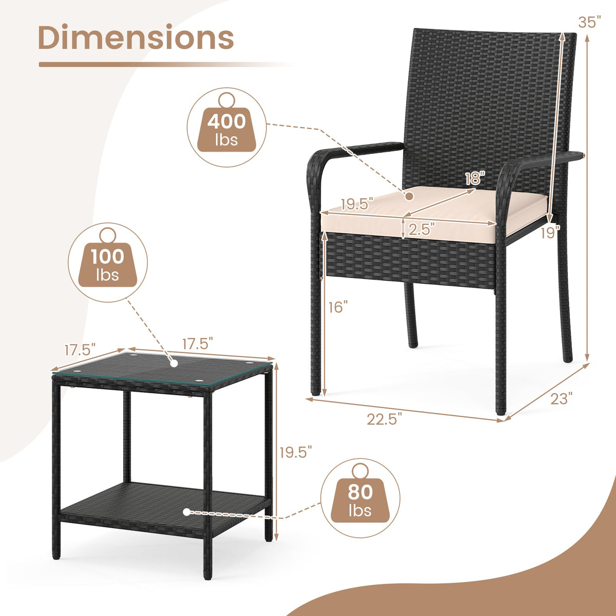 3 Piece Patio Furniture Set with Seat Cushions and Tempered Glass Tabletop