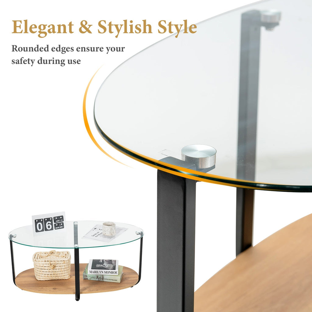 2-Tier Glass-Top Oval Coffee Table with Wooden Shelf