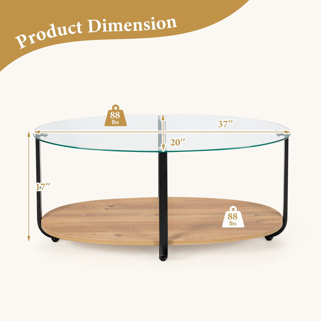 2-Tier Glass-Top Oval Coffee Table with Wooden Shelf