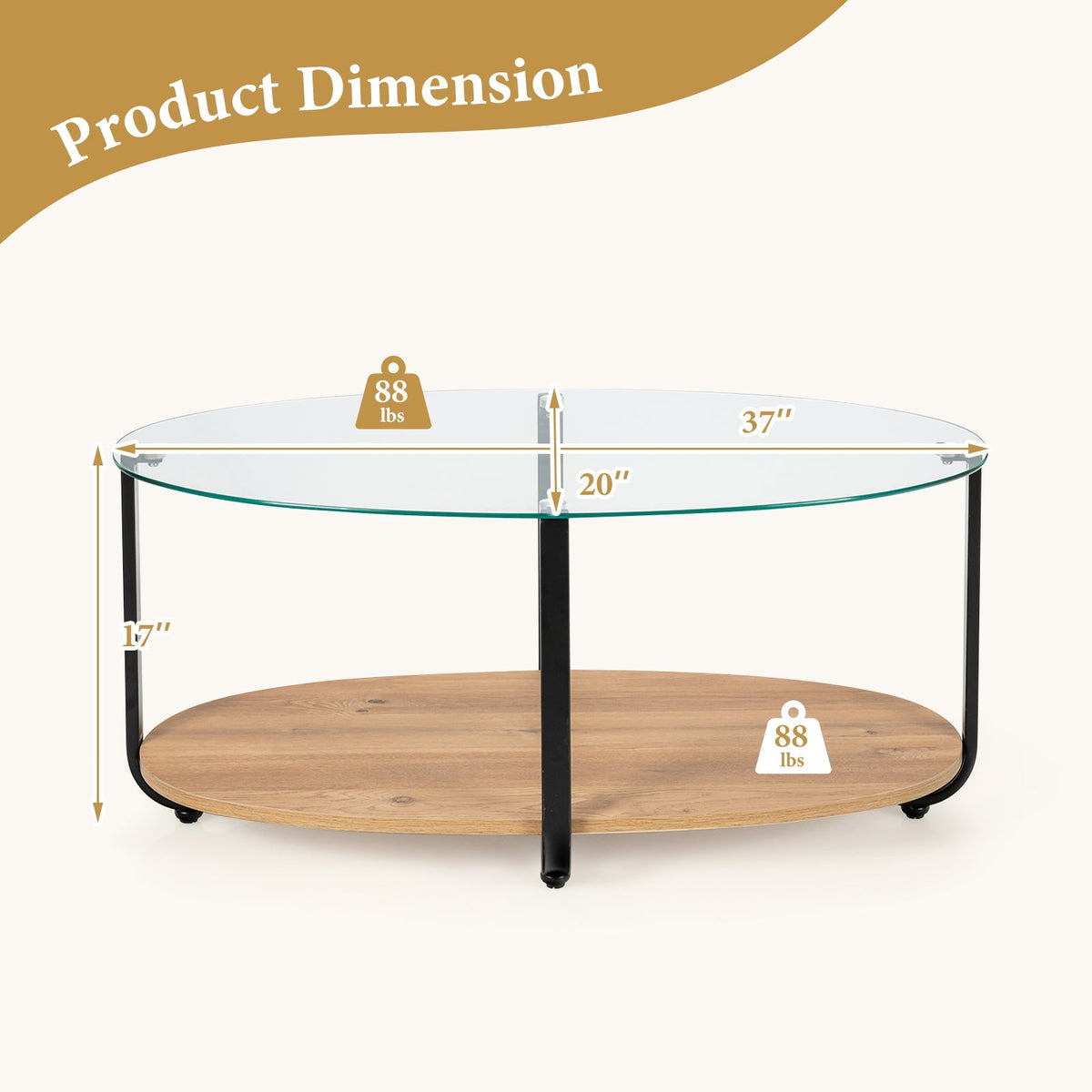 2-Tier Glass-Top Oval Coffee Table with Wooden Shelf