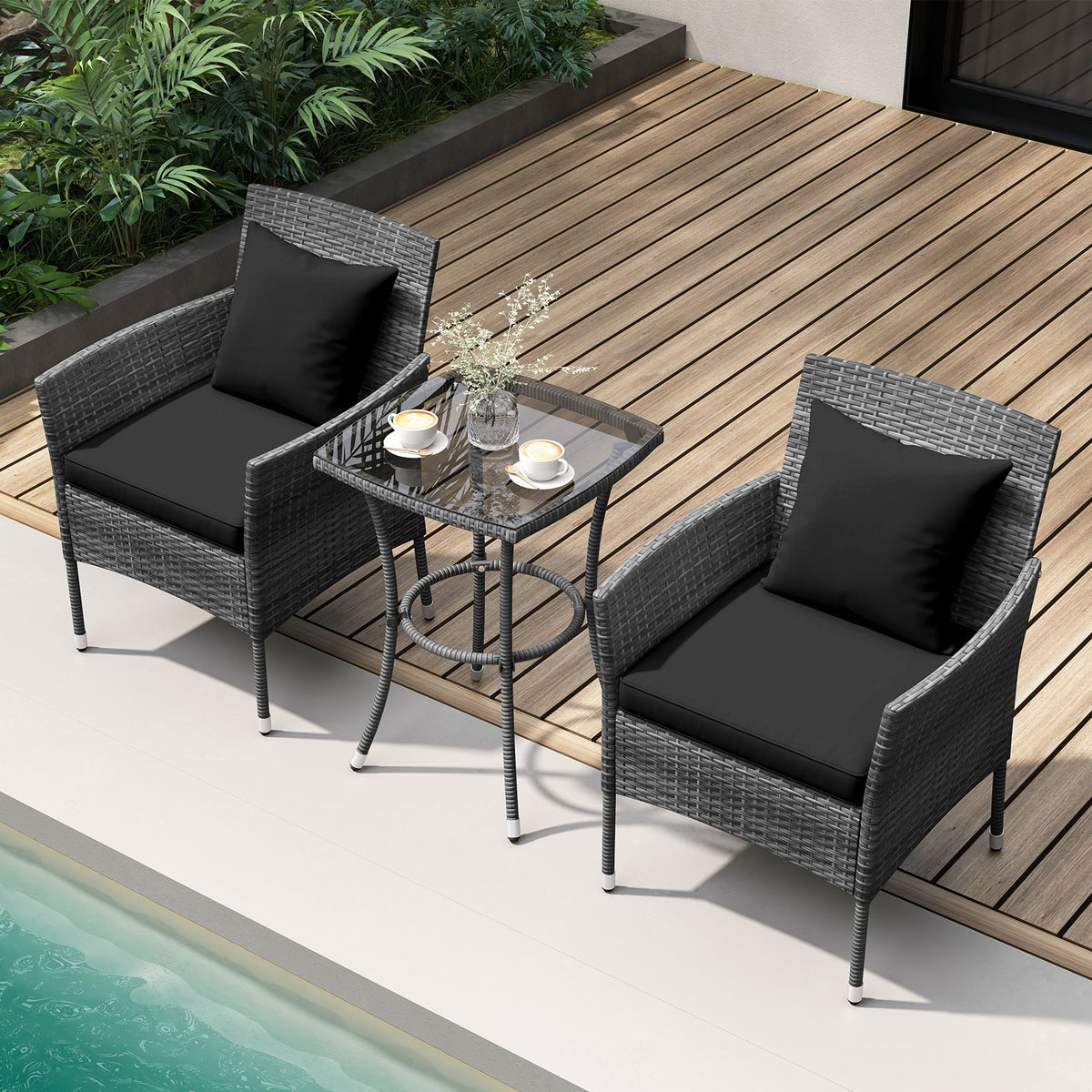 3 Pieces Patio Set with Cushioned Patio Chairs and Tempered Glass Coffee Table