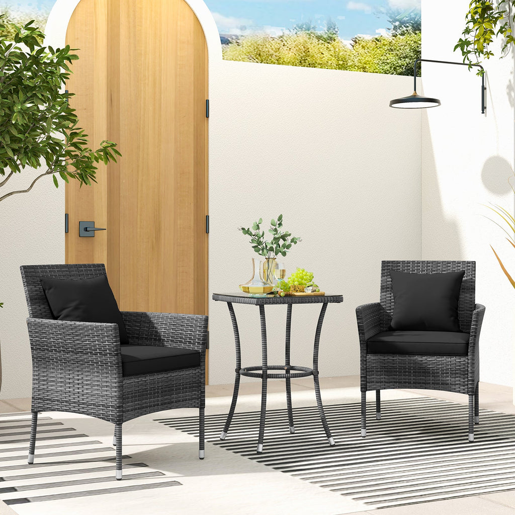 3 Pieces Patio Set with Cushioned Patio Chairs and Tempered Glass Coffee Table