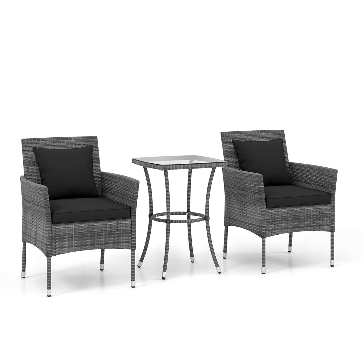 3 Pieces Patio Set with Cushioned Patio Chairs and Tempered Glass Coffee Table