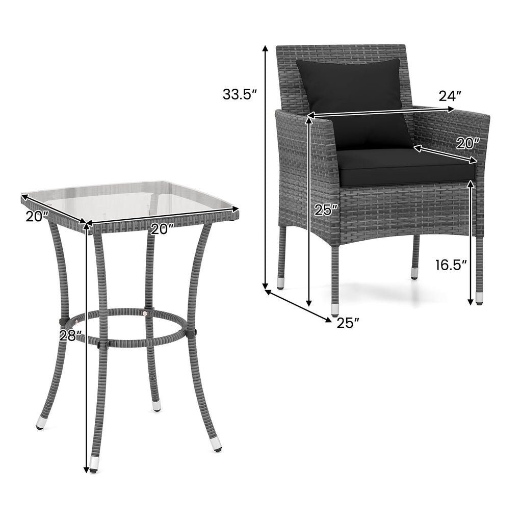 3 Pieces Patio Set with Cushioned Patio Chairs and Tempered Glass Coffee Table