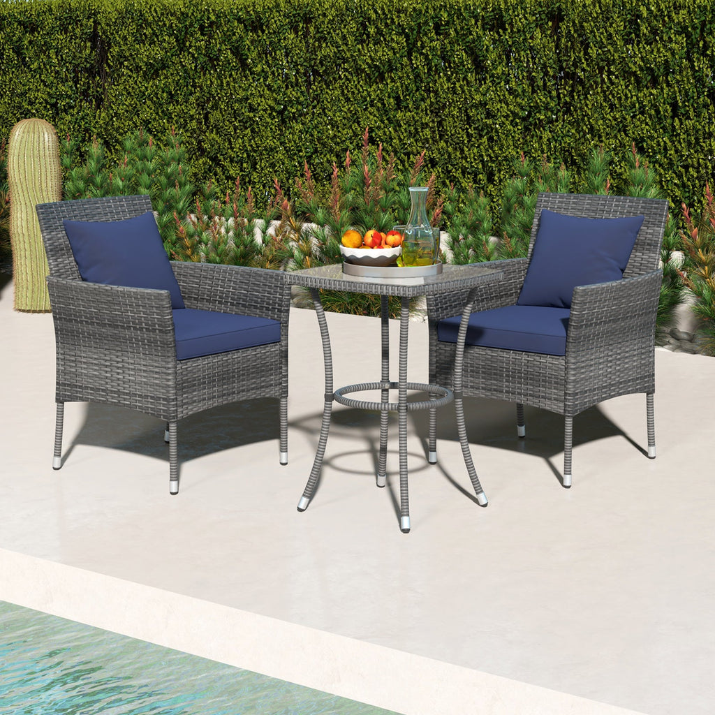 3 Pieces Patio Set with Cushioned Patio Chairs and Tempered Glass Coffee Table