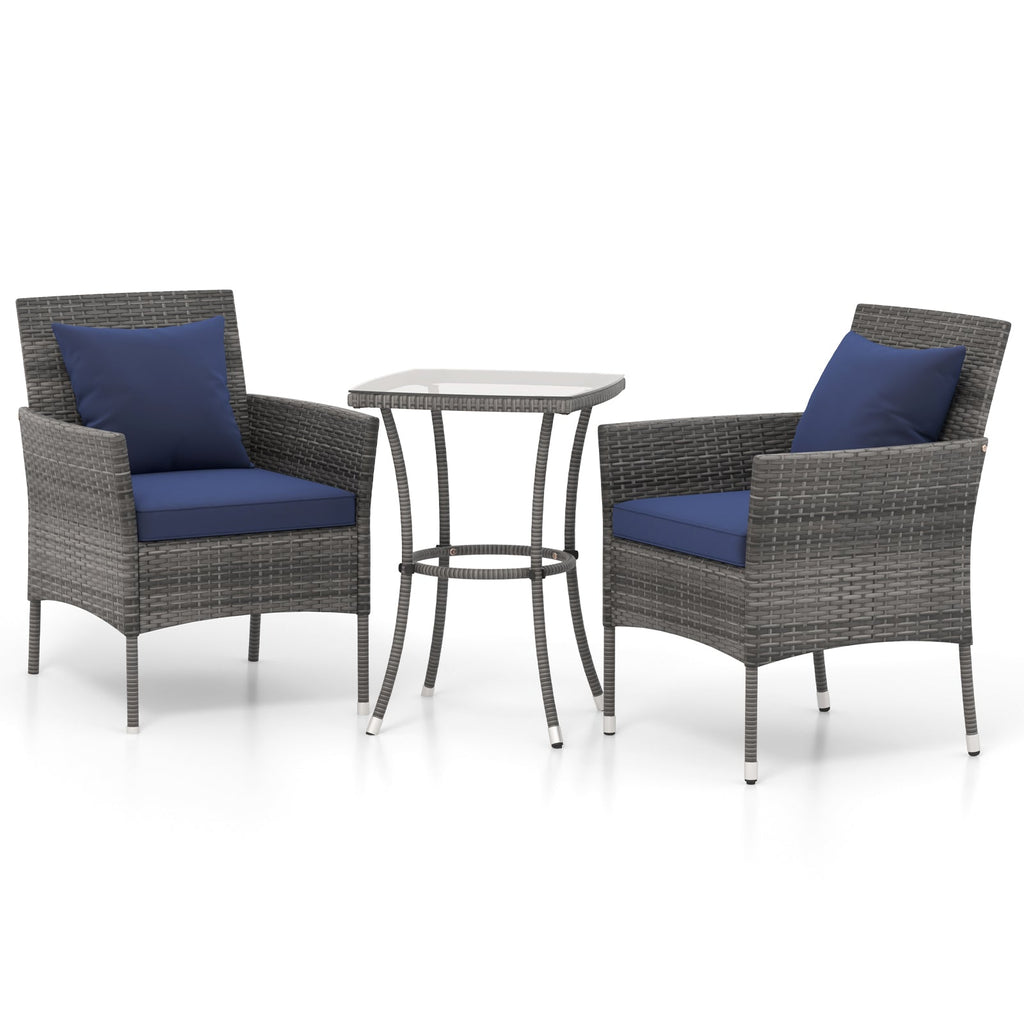 3 Pieces Patio Set with Cushioned Patio Chairs and Tempered Glass Coffee Table