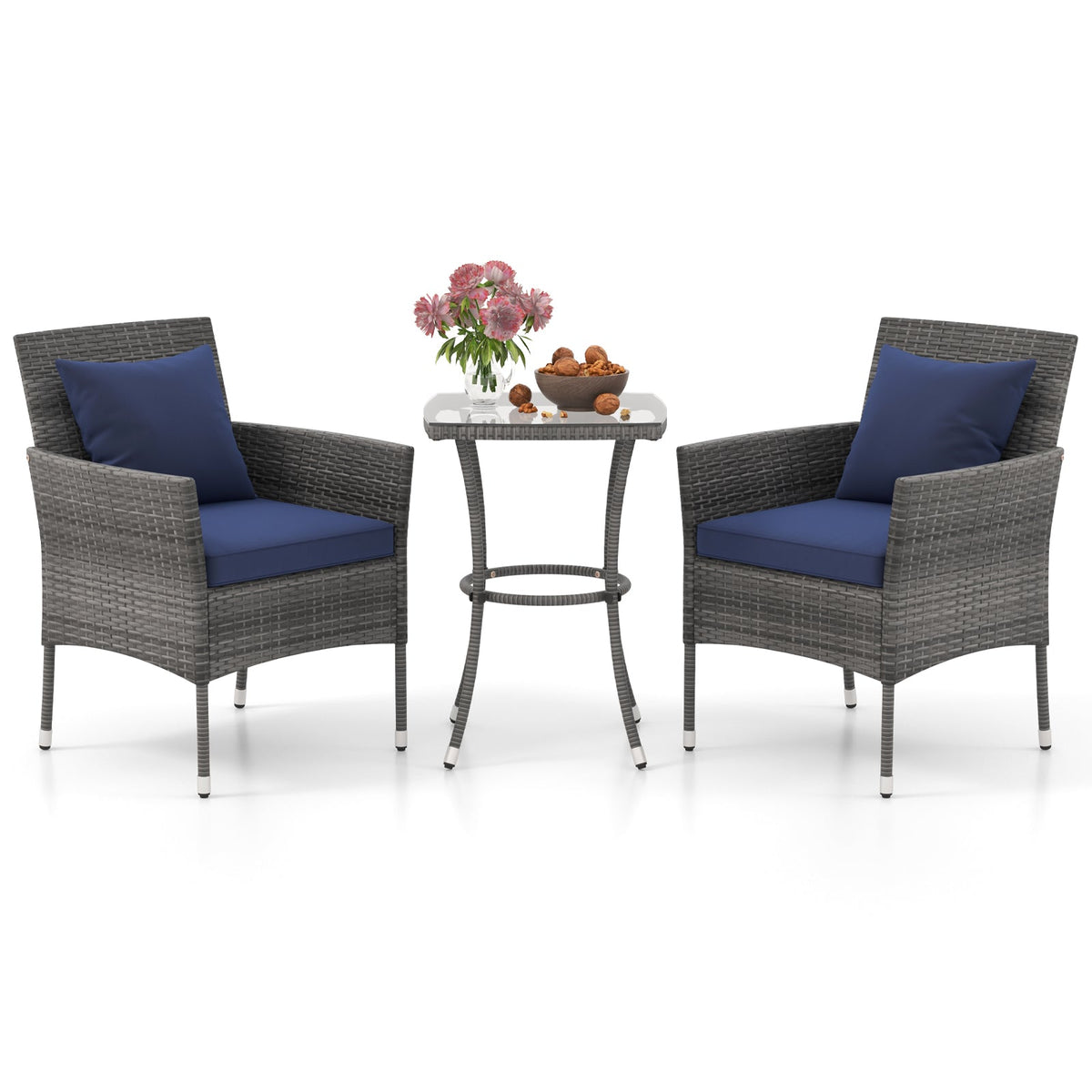 3 Pieces Patio Set with Cushioned Patio Chairs and Tempered Glass Coffee Table