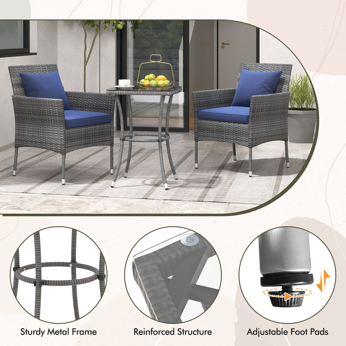 3 Pieces Patio Set with Cushioned Patio Chairs and Tempered Glass Coffee Table