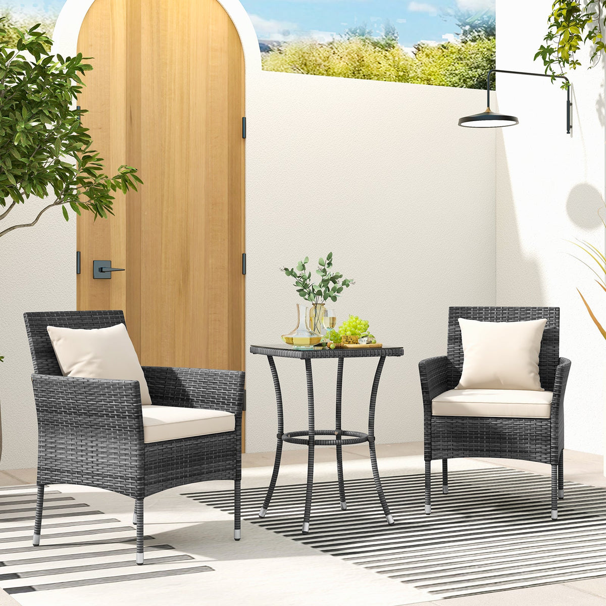 3 Pieces Patio Set with Cushioned Patio Chairs and Tempered Glass Coffee Table