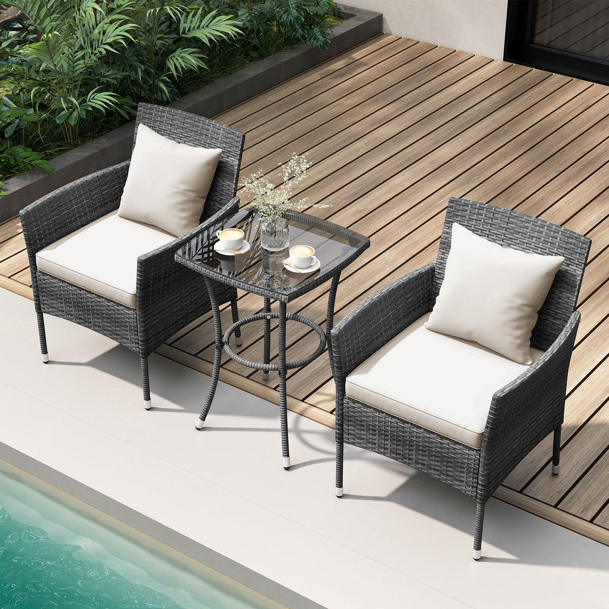 3 Pieces Patio Set with Cushioned Patio Chairs and Tempered Glass Coffee Table