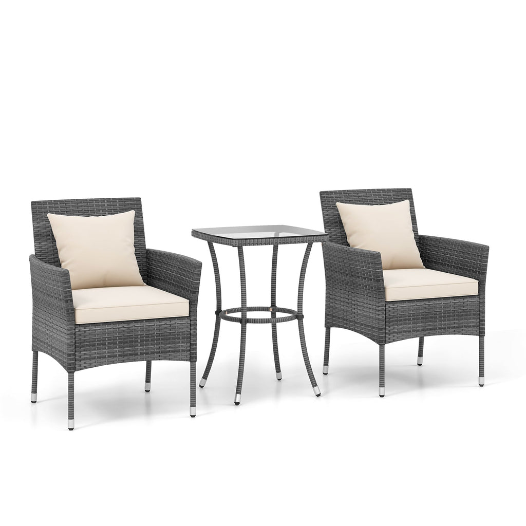 3 Pieces Patio Set with Cushioned Patio Chairs and Tempered Glass Coffee Table