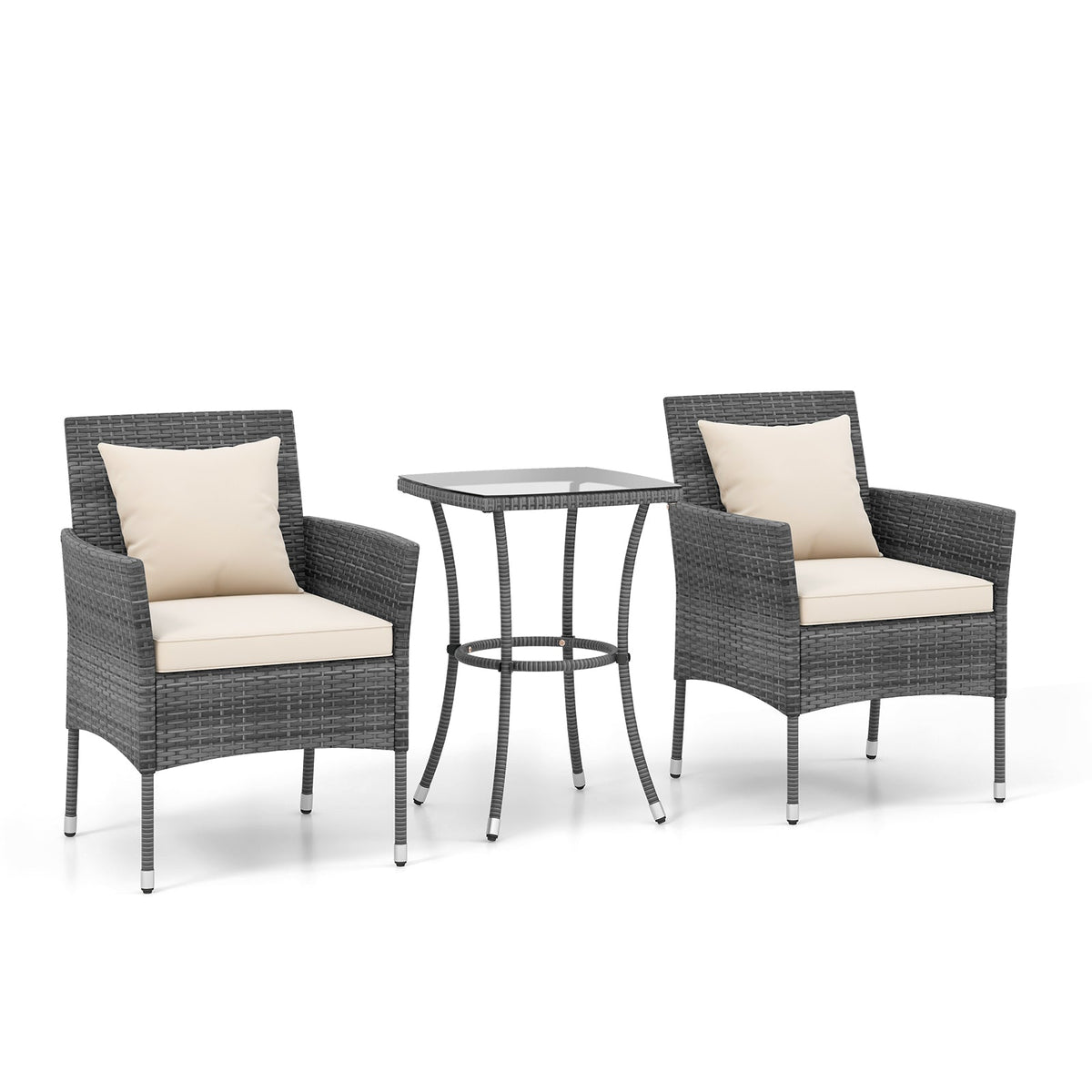3 Pieces Patio Set with Cushioned Patio Chairs and Tempered Glass Coffee Table