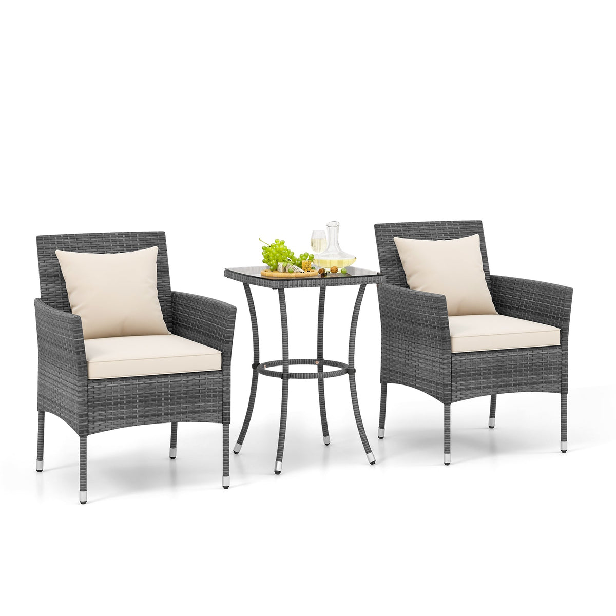 3 Pieces Patio Set with Cushioned Patio Chairs and Tempered Glass Coffee Table