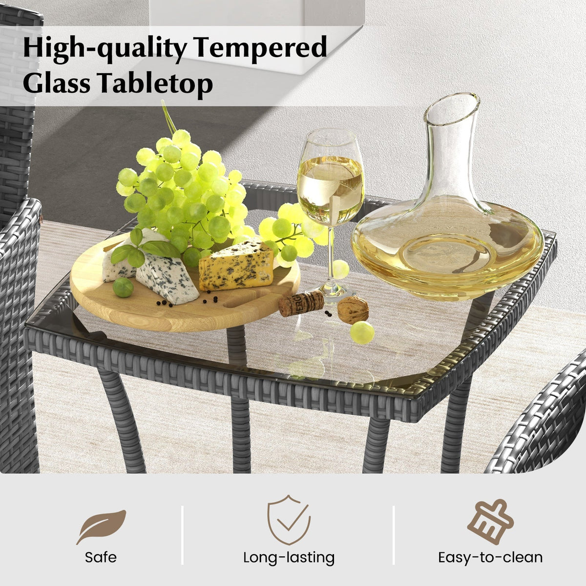 3 Pieces Patio Set with Cushioned Patio Chairs and Tempered Glass Coffee Table