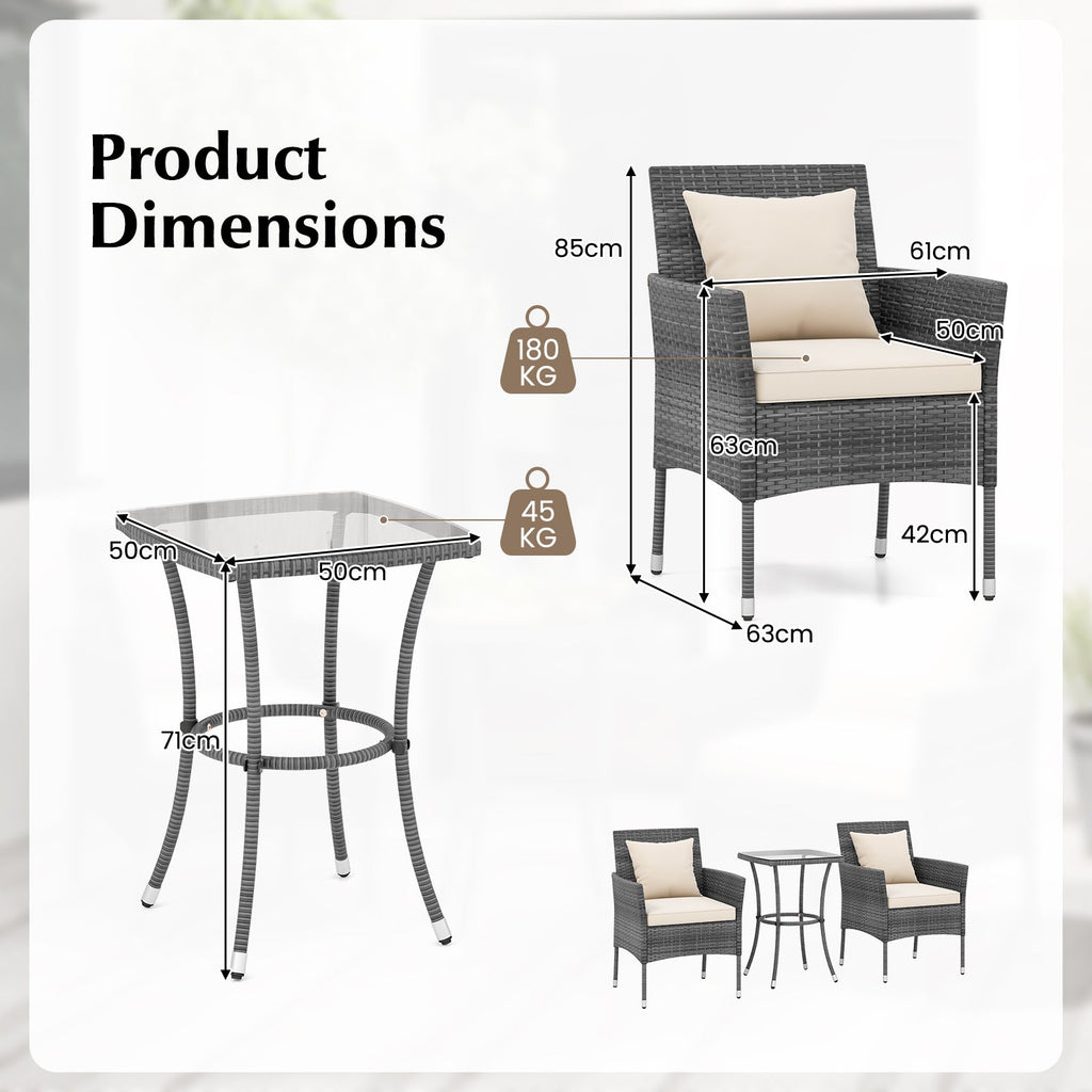 3 Pieces Patio Set with Cushioned Patio Chairs and Tempered Glass Coffee Table