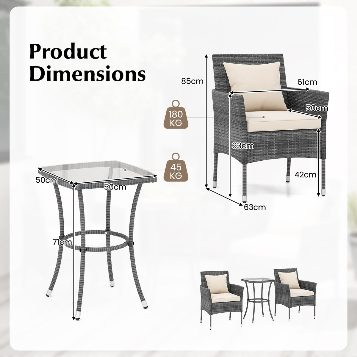 3 Pieces Patio Set with Cushioned Patio Chairs and Tempered Glass Coffee Table