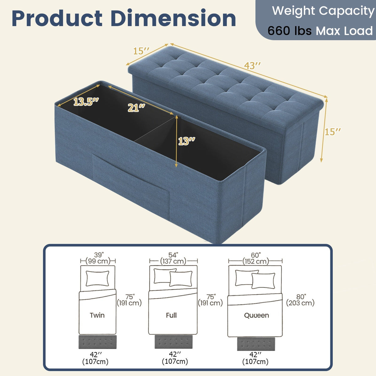 43 Inches Folding Storage Ottoman Bench