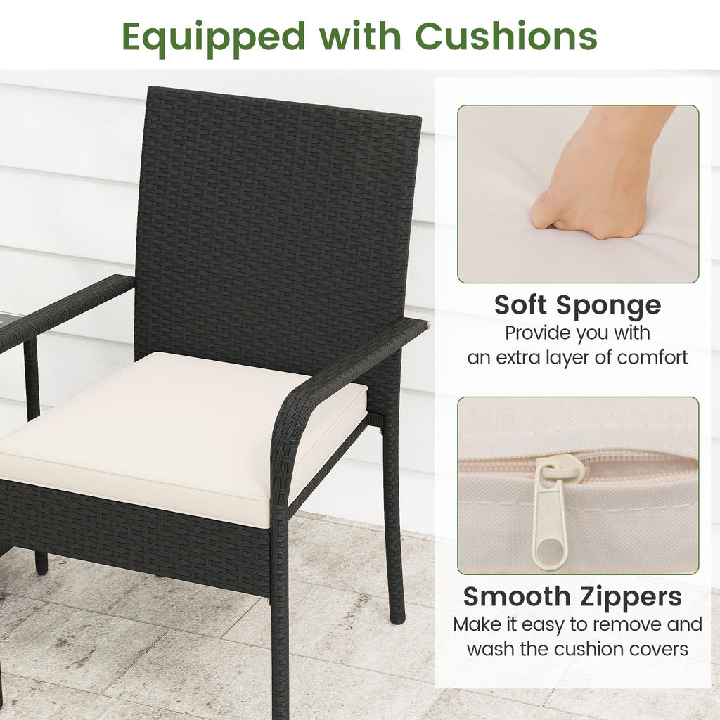 3 Piece Patio Furniture Set with Seat Cushions and Tempered Glass Tabletop