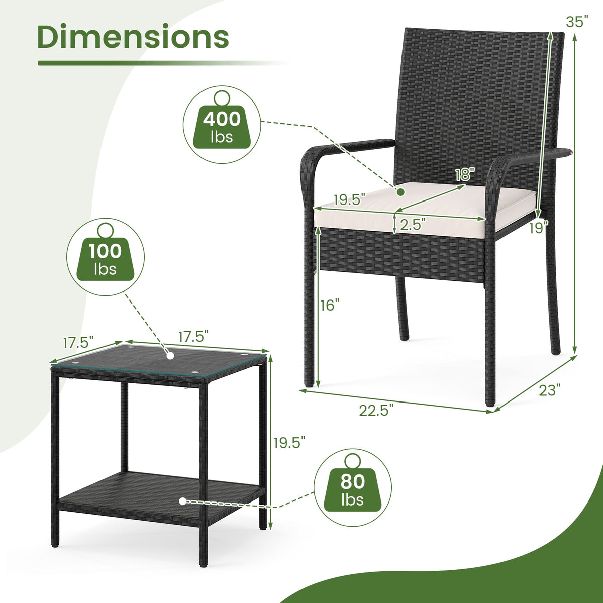 3 Piece Patio Furniture Set with Seat Cushions and Tempered Glass Tabletop