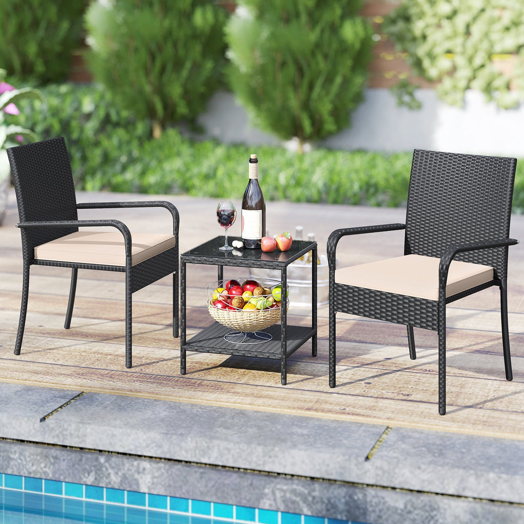3 Piece Patio Furniture Set with Seat Cushions and Tempered Glass Tabletop