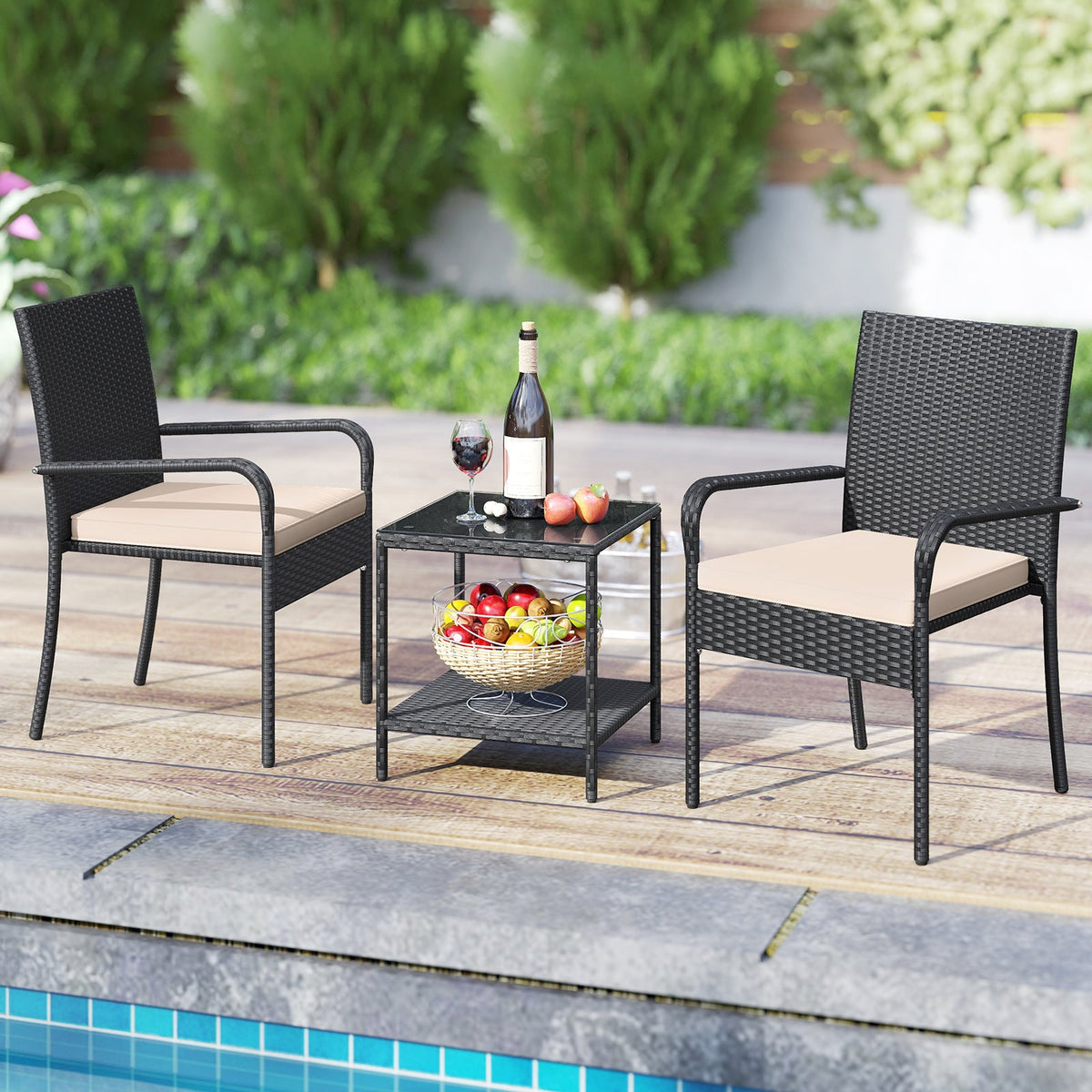 3 Piece Patio Furniture Set with Seat Cushions and Tempered Glass Tabletop