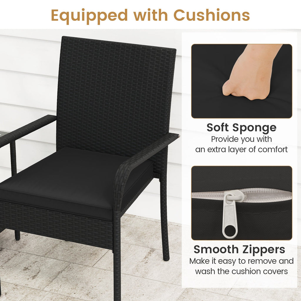 3 Piece Patio Furniture Set with Seat Cushions and Tempered Glass Tabletop