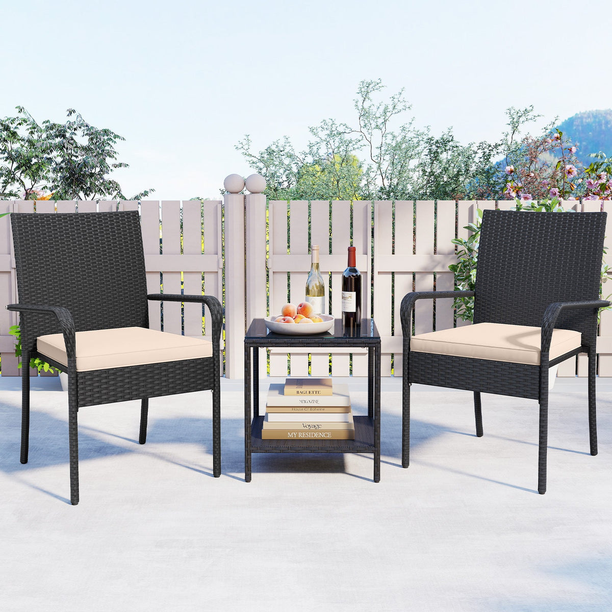 3 Piece Patio Furniture Set with Seat Cushions and Tempered Glass Tabletop