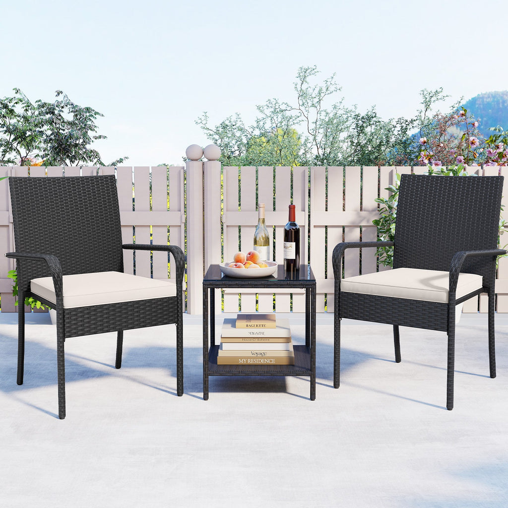 3 Piece Patio Furniture Set with Seat Cushions and Tempered Glass Tabletop