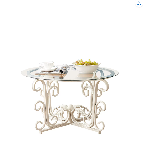 Leaf Base Metal Round Coffee Table, Tempered Glass Top