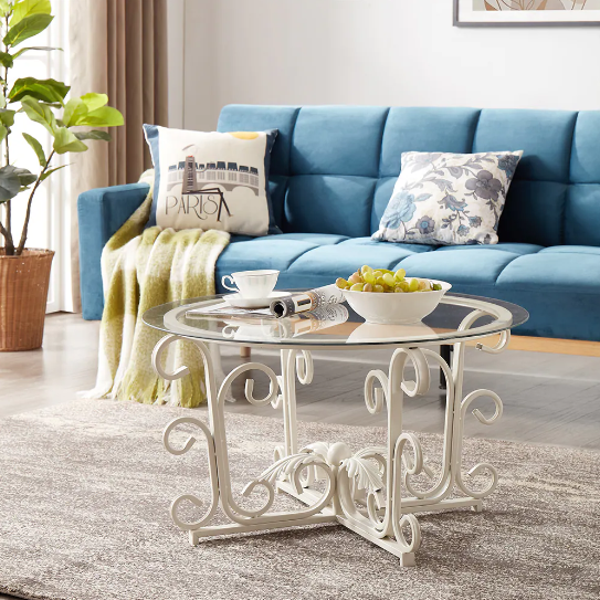 Leaf Base Metal Round Coffee Table, Tempered Glass Top