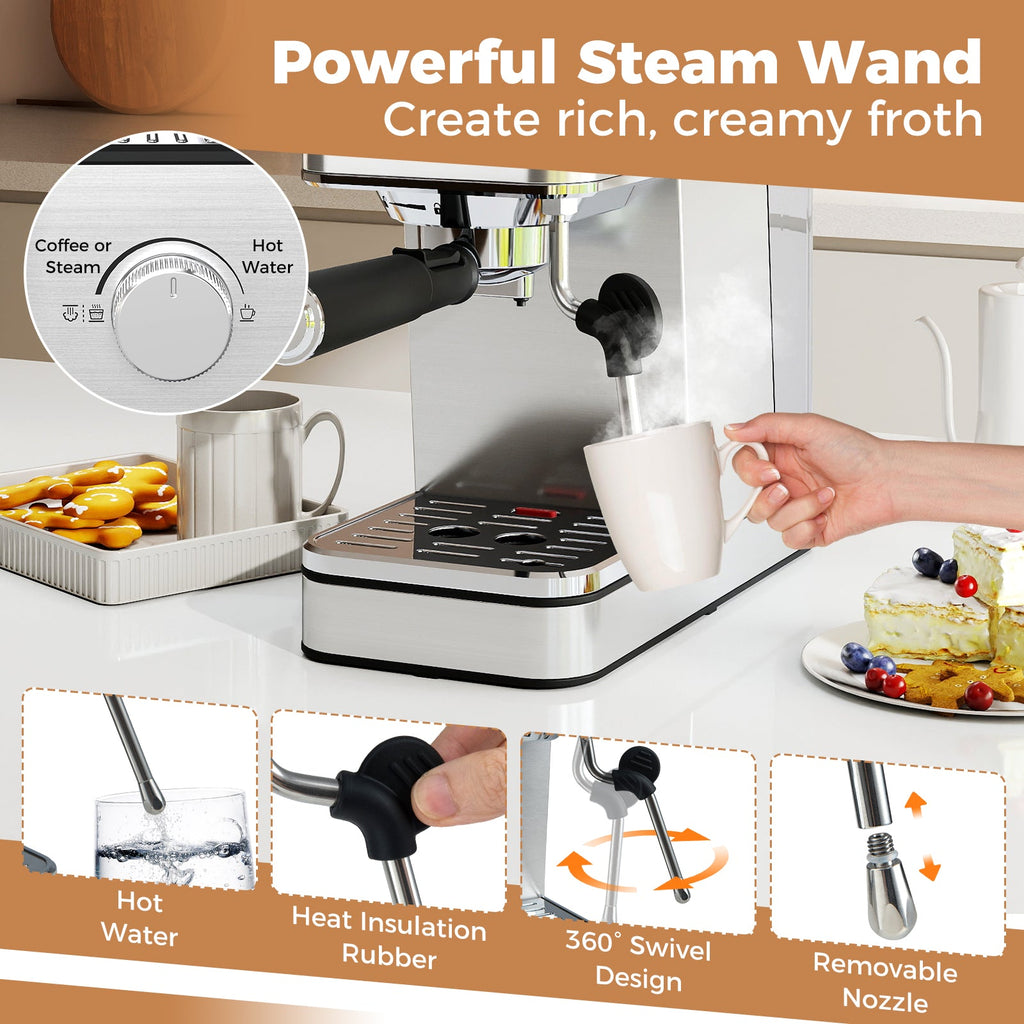 20 Bar Compact Stainless Steel Coffee Maker with Milk Frother