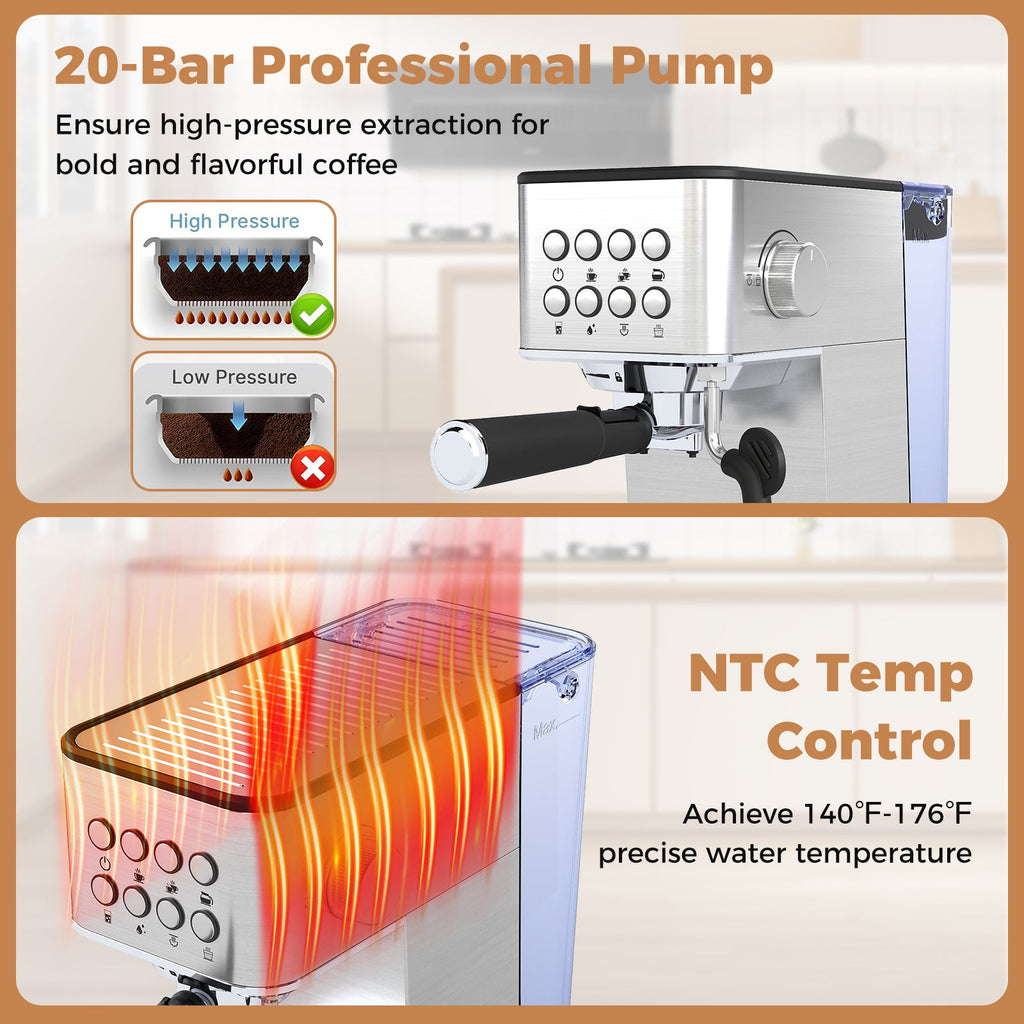 20 Bar Compact Stainless Steel Coffee Maker with Milk Frother