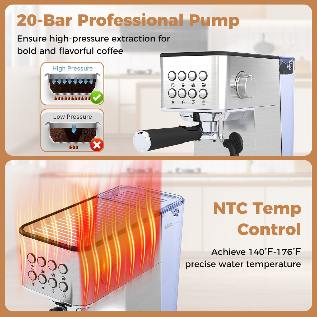 20 Bar Compact Stainless Steel Coffee Maker with Milk Frother