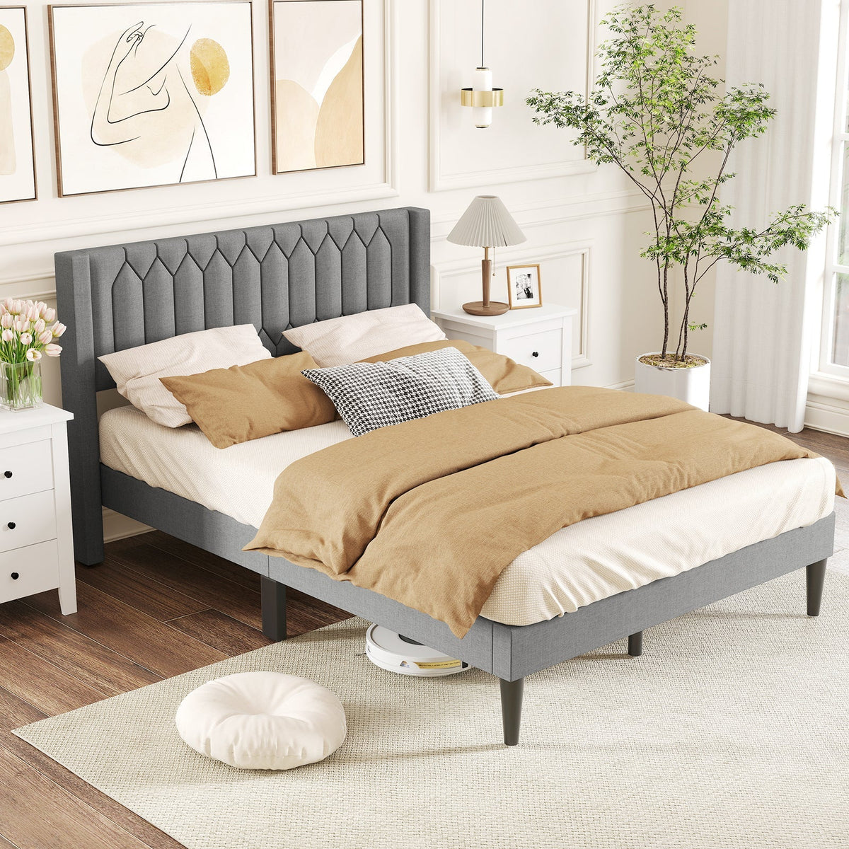 Queen Size Dutch Velvet/Linen Fabric Upholstered Platform Bed