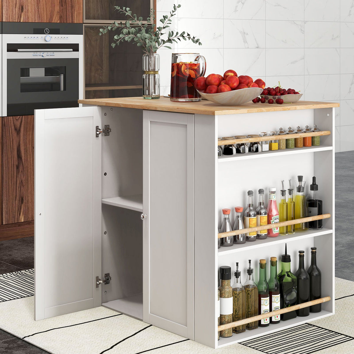 Modern Kitchen Island with Rubber Wood Countertop and Storage