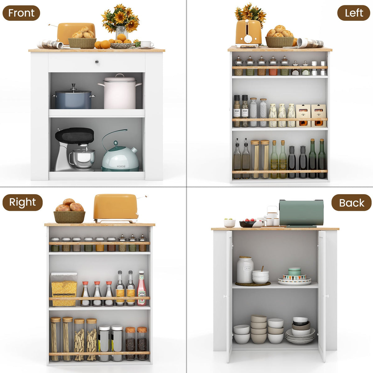 Modern Kitchen Island with Rubber Wood Countertop and Storage