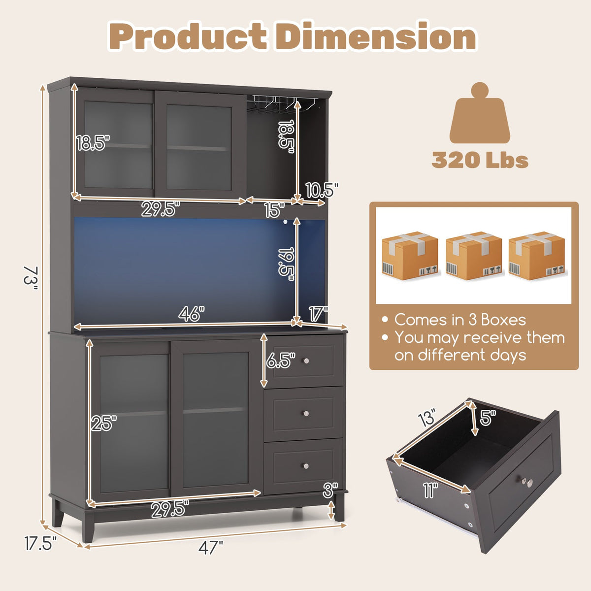Kitchen Hutch with LED lights and Power Outlet
