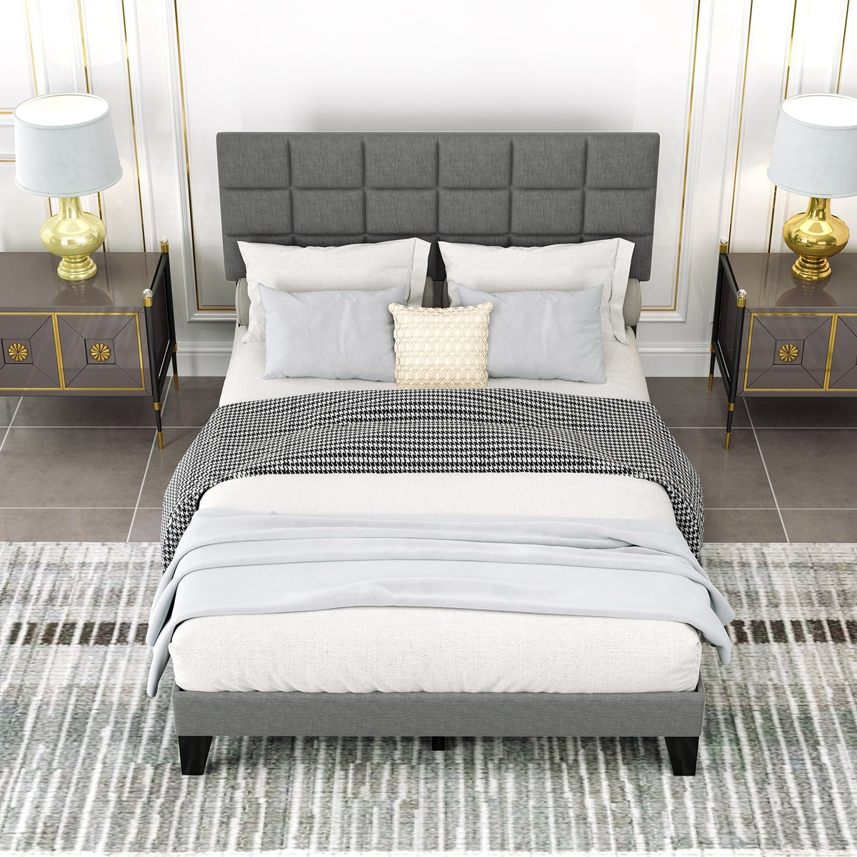 Queen Size Modern Linen Bed Frame with Adjustable Headboard