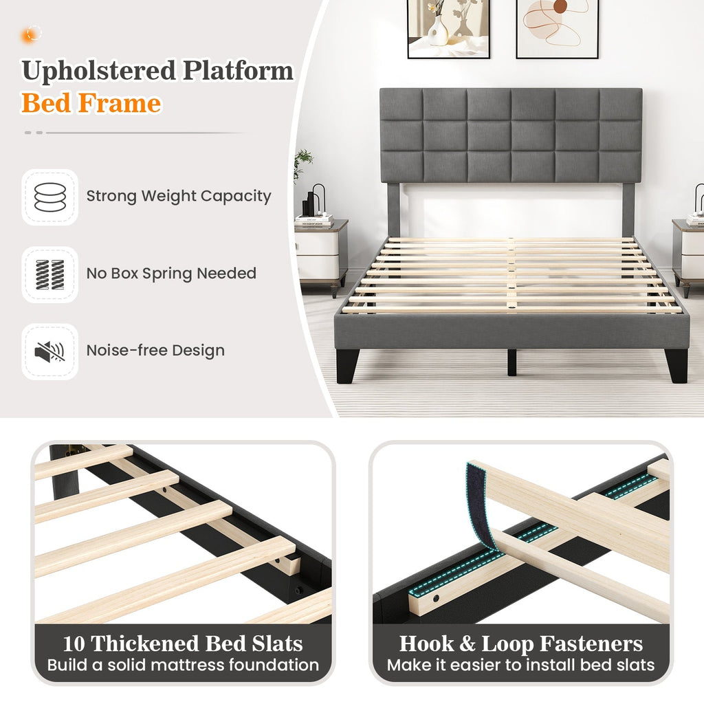 Queen Size Modern Linen Bed Frame with Adjustable Headboard