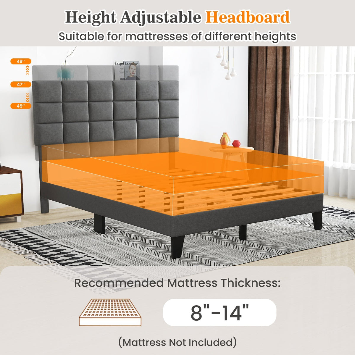 Queen Size Modern Linen Bed Frame with Adjustable Headboard